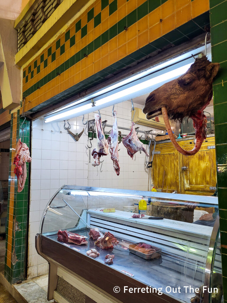 Butcher stand advertising fresh camel meat in Tozeur central market, Tunisia
