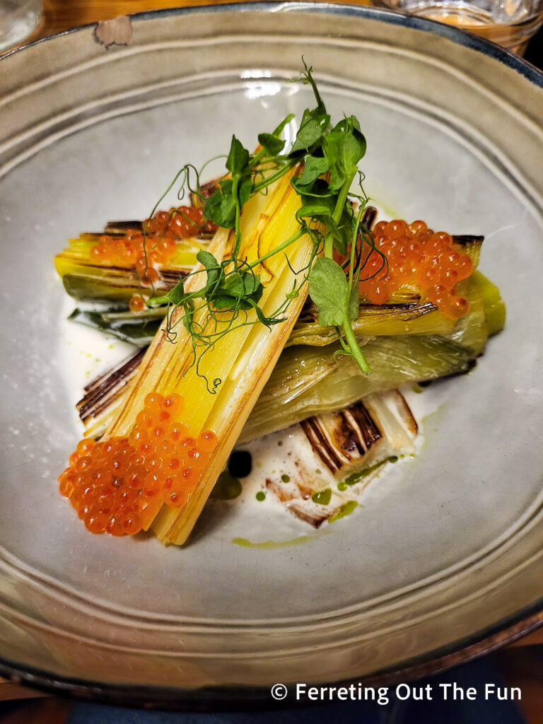Grilled leeks with gorgonzola cream and trout roe