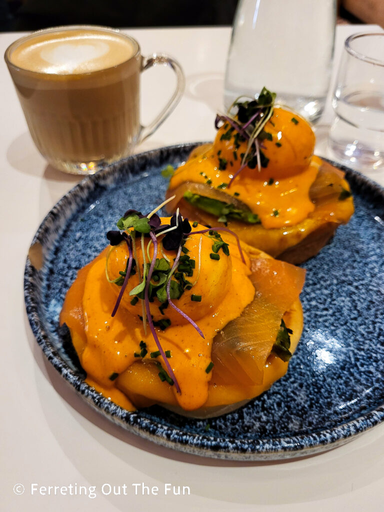 Spicy eggs benedict with smoked salmon and harissa hollandaise at KafKaf, one of the best places for brunch in Paris