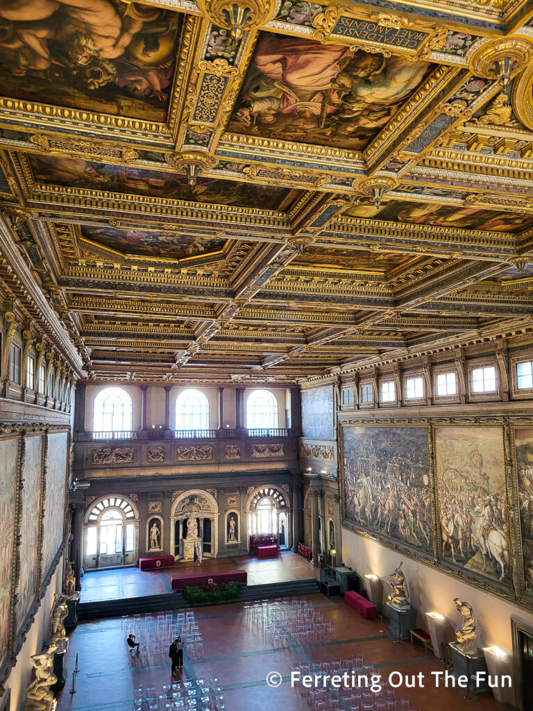Elaborate gilded ceiling with frescos in the Great Hall of Palazzo Vecchio, Florence