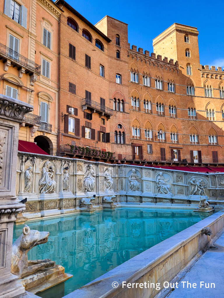 Fonte Gaia, a historic public fountain in Piazza del Campo, the central square of historic Siena, Italy